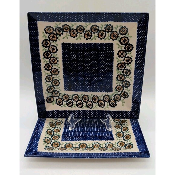 Polish Pottery Manufaktura Boleslawiec Square Plate Set Of 2 Yellow Flowers Blue - Picture 1 of 5